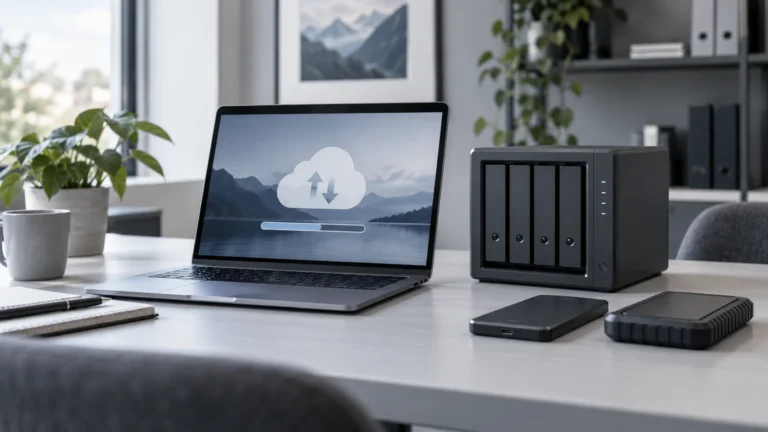 Laptop, Netzwerkspeicher und separate Datenträger als Symbol für Datensicherung