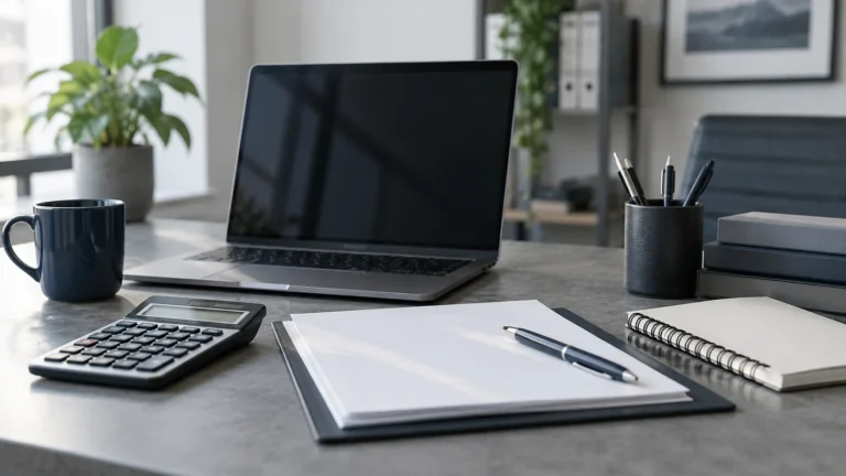 Laptop, Taschenrechner und Unterlagen zur Planung der IT-Kosten