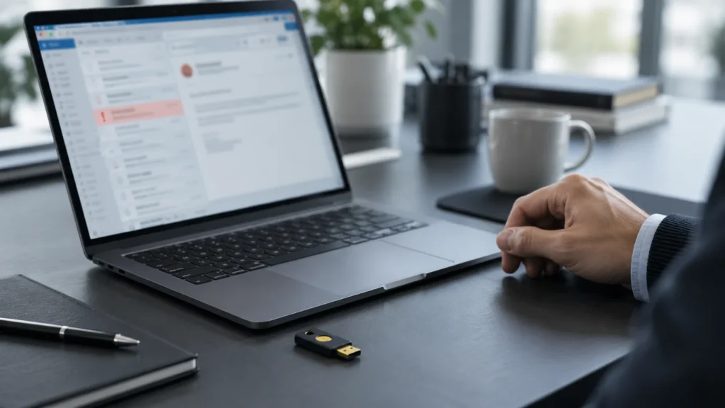 Prüfung einer verdächtigen E-Mail am Laptop mit Sicherheitsschlüssel